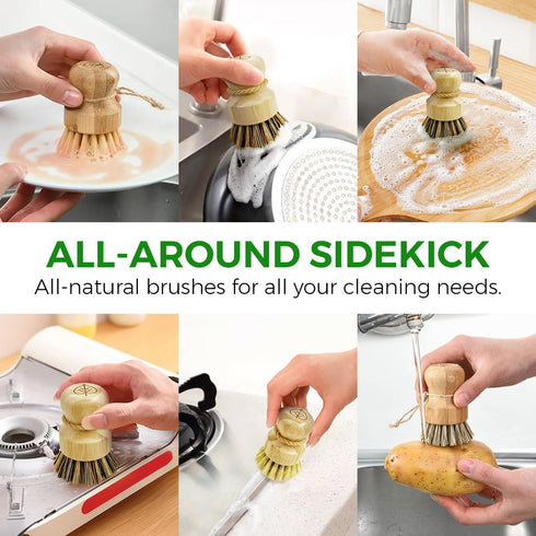 Set 3 AIRNEX Bamboo Dish Brush of - Natural Wooden Dish Scrubber w/Medium Stiff Sisal & Coconut Bristles - Kitchen