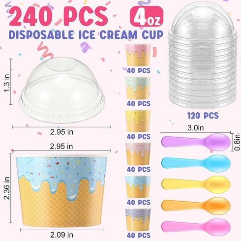 Jingmore 240 Set 4oz Ice Cream Paper Cups with Lids and Spoons, Disposable Sundae Bowls, Dessert Cups for Birthday