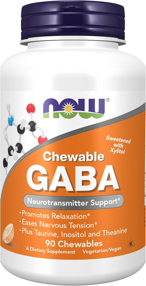 NOW Supplements, GABA (Gamma-Aminobutyric Acid), Neurotransmitter Support, Orange Flavor, 90 Chewables