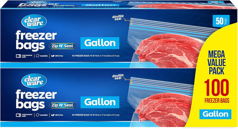 Gallon Freezer Bags - Double Zipper Seal - 100 Count Thick Resealable Plastic Bags for Food Storage