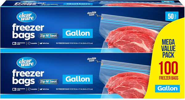 Gallon Freezer Bags - Double Zipper Seal - 100 Count Thick Resealable Plastic Bags for Food Storage