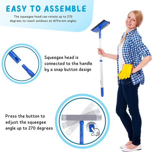 Window Cleaner Tool with Extension Pole (20''-30''), Squeegee for Home Window Cleaning, Glass Washer for Car