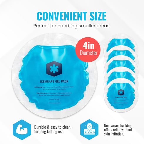 ICEWRAPS Round Ice Packs for Injuries, Reusable Hot and Cold Gel Packs, Pack of 5 - Blue