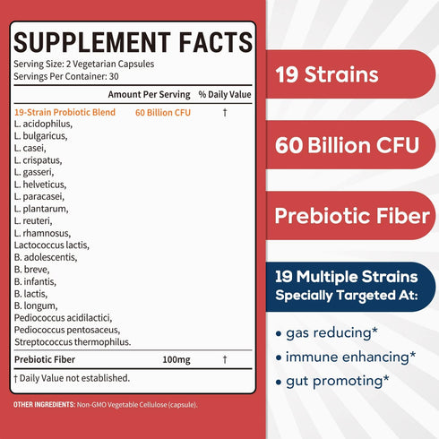 Probiotics 60 Billion CFU, 19 Strains for Men & Women, 2-in-1 Daily Care Probiotic, 60 Veggie Capsules