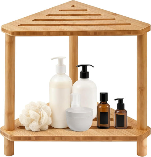 NIMBLOOM Wood Corner Shower Stool with 2-Tier Storage Shelf, Wooden Bath Bench for
