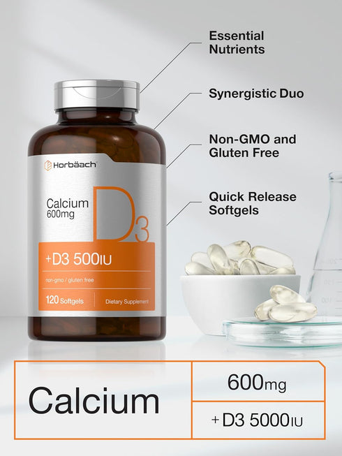Horbaach Calcium Supplement with Vitamin D3, 600 mg, 120 Softgels, Non-GMO, Gluten Free