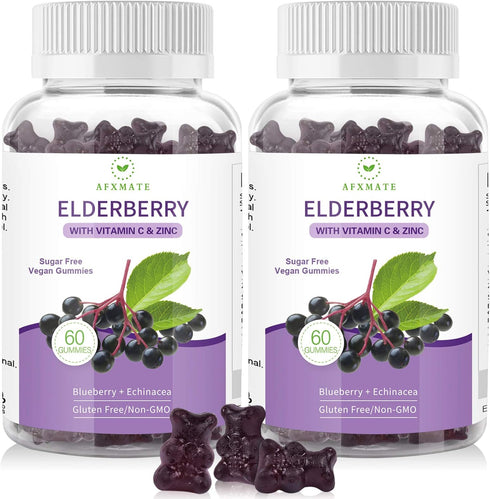 AFXMATE (2-Pack) Elderberry Gummies - Sambucus Black Elderberry with Zinc and Vitamin C, 120 Gummies