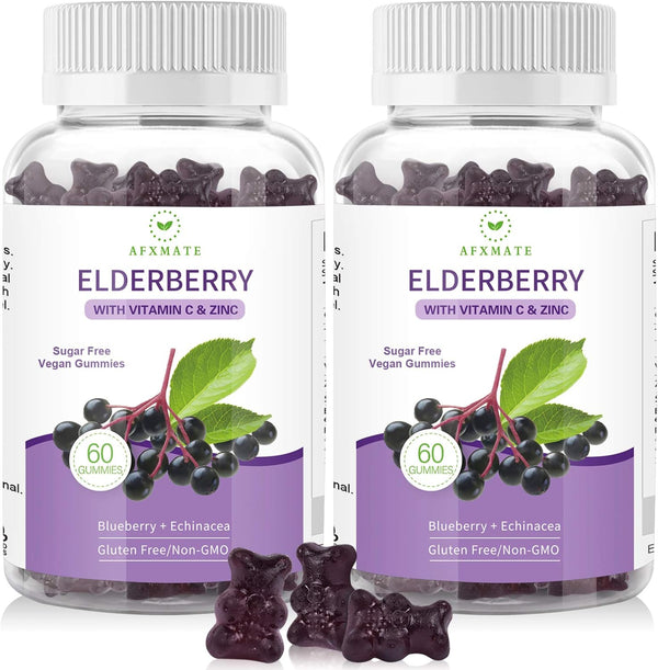 AFXMATE (2-Pack) Elderberry Gummies - Sambucus Black Elderberry with Zinc and Vitamin C, 120 Gummies
