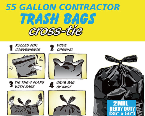 Contractor Trash Bags, 55 Gallon Heavy Duty, 10 Count, 2 MIL, 36" X 56" Large Black Flap Tie Garbage Bags