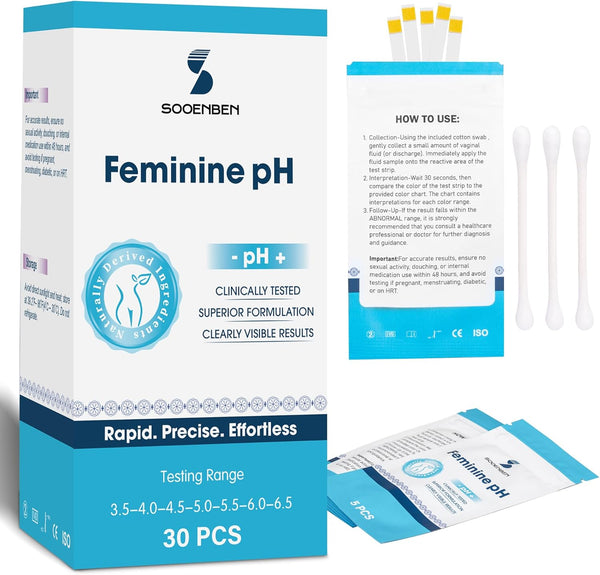 Sooenben At-Home Vaginal pH Test Kit: 30 Strips + 30 Individually Wrapped Swabs