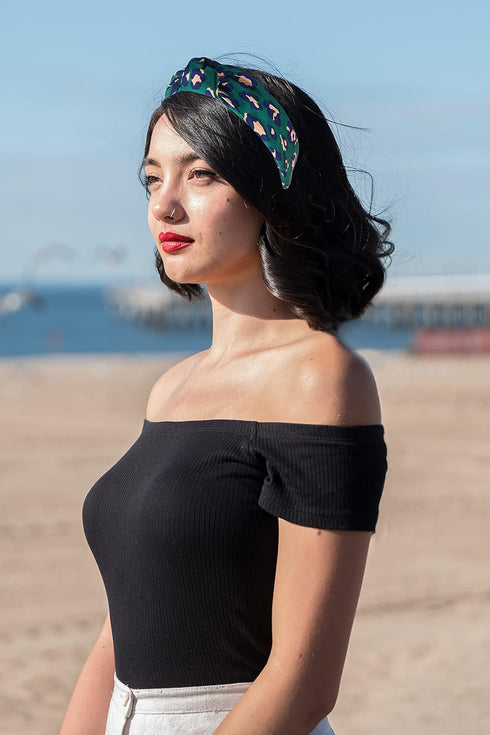 Leopard Satin Headbands for Women, Green Knotted Designer Headband for Women's Hair, Chic Fashion Top Knot Cheetah