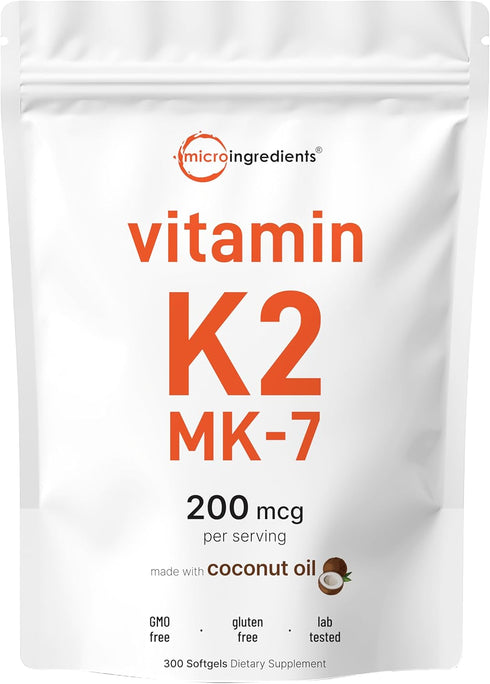 Micro Ingredients Vitamin K2 MK-7 Supplement - 200 mcg Per Serving, 300 Coconut Oil Softgels for Immune Support
