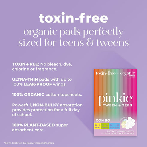 Pack, 18 Count Pinkie Period Starter Pads - Designed for Smaller Underwear - Organic Cotton Topsheet Tween & Teen Pads