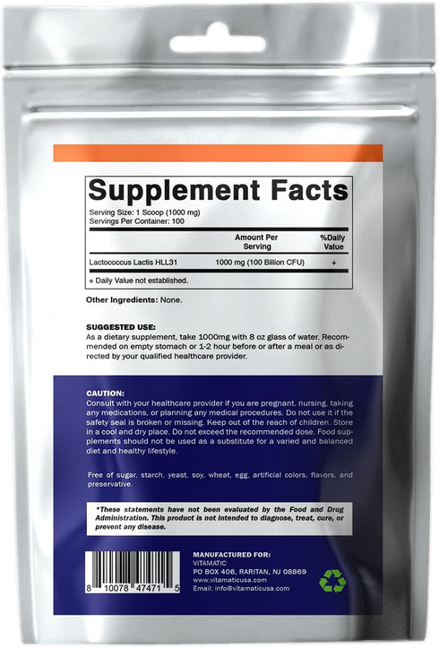 Vitamatic Lactococcus Lactis Probiotic Powder, Digestive Health Support, 100 Gram (3.5 OZ), 100 Servings