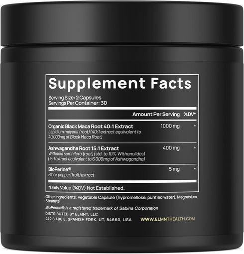 ELMNT 40,000mg 40x Strength Organic Black Maca Root with Ashwagandha - Highest Potency Black Maca Root Capsules for Men - 100% Pure Maca Peruana Powder Organic, Gelatinized, Non-GMO - 60 Pills