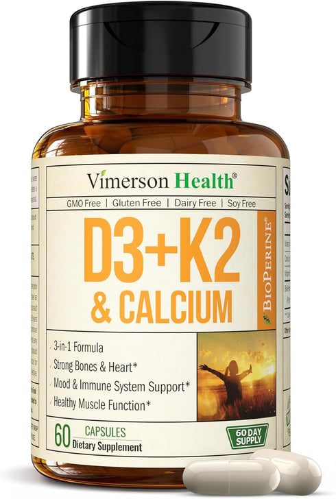 Vitamin D3, K2 Calcium Supplement 60 Capsules with BioPerine for Immune & Bone Health, 4 in 1 Support