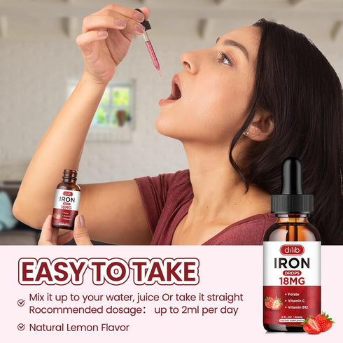 Liquid Iron Supplement for Women & Men, Iron Drops for Anemia with Folate, Vitamin C, B12, Strawberry, 2 Fl Oz