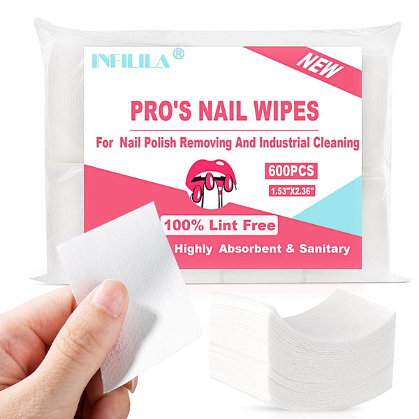 NXJ INFILILA Lint Free Nail Wipes, 600CS Natural Wood Pulp, Acetone Nail Polish Remover Pads for Salon Supplies