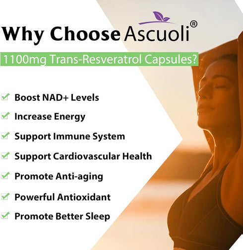 99% Ultra Purity Ascuoli Trans-Resveratrol 1100mg, 3-in-1 Organic Resveratrol Supplement for Antioxidant & Immune