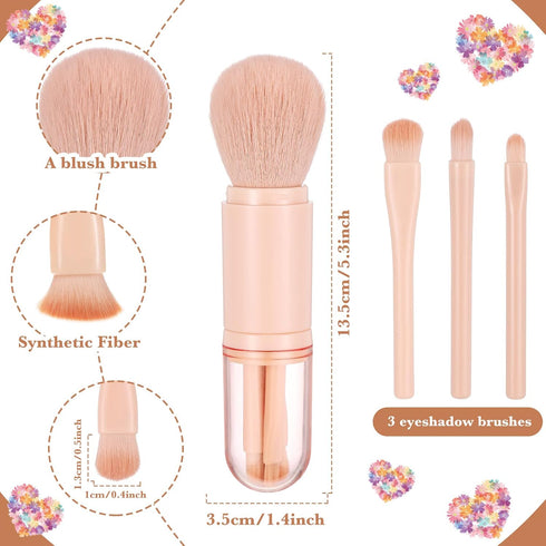3 Sets Travel Brush Makeup Set, 4 in 1 Mini Portable Lip Brush Foundation Blending Powder Eye Shadow Brush for Women Facial Retractable Set