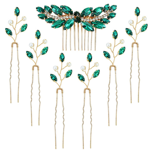 inSowni 7 Pieces Vintage Bridal Wedding Glitter Emerald Green Rhinestone Hair Side Combs and U-shaped Hair Pins