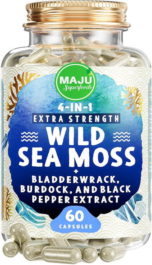 MAJU 4-in-1 Organic Sea Moss Capsules, Wild Chondrus Crispus, Stronger Than Gel, 500 mg Capsule (60 ct)