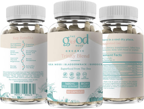 Trinity Blend Superfood Supplement, Sea Moss, Bladderwrack, Burdock Root for Overall Health Support, 60ct