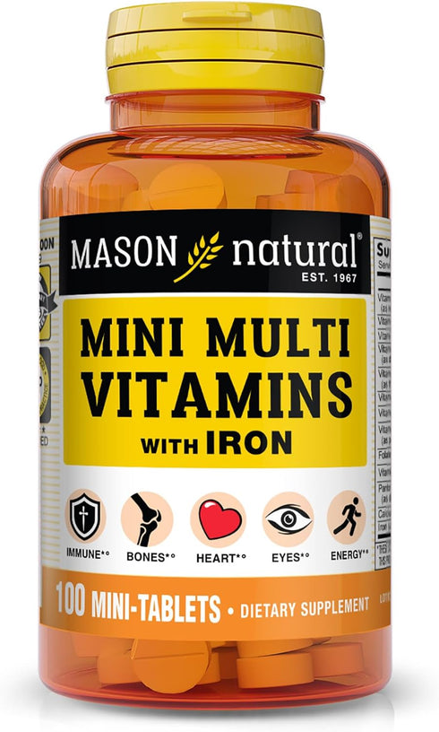 MASON NATURAL Daily Mini Multi Vitamins with Iron, 100 Day Supply (1 Pack) - Vitamins A, C, D, E, B1, B2, B3, B6, B12