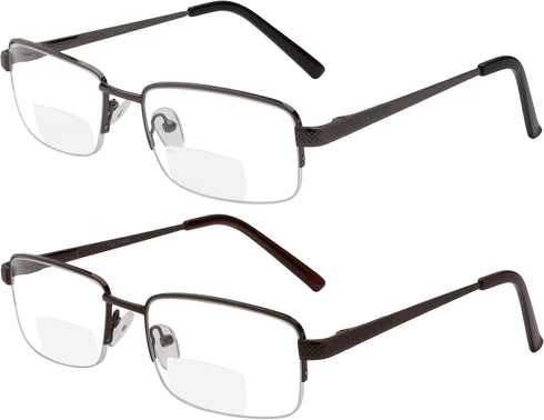 Yogo Vision Reading Glasses Set of 2 Bifocal Half Rim Metal Glasses for Reading, Gunmetal and Brown