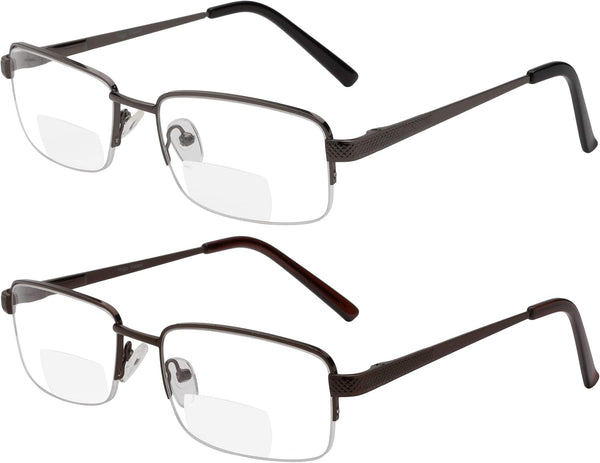 Yogo Vision Reading Glasses Set of 2 Bifocal Half Rim Metal Glasses for Reading, Gunmetal and Brown