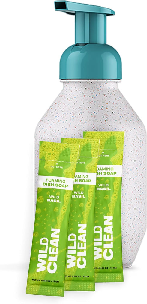 Foaming Dish Soap Starter Kit Set, 3 Refill Dish Powders, Wild Basil Scent, Eco-Friendly 3 Pack