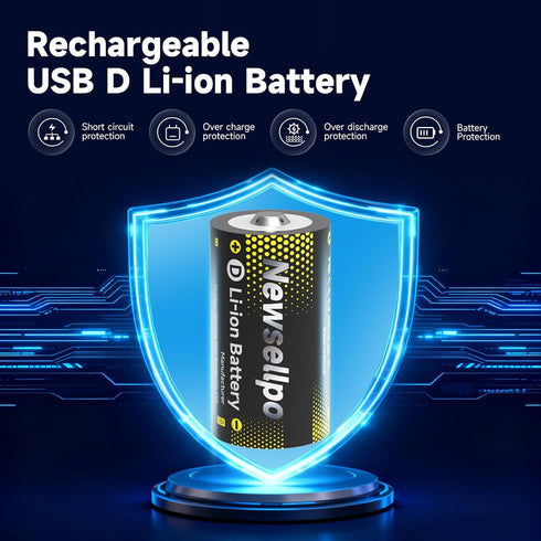Newsellpo 4 Pack, 8000mWh 1.5V LR20 4 1 Rechargeable Lithium D Batteries D Cell Battery with in USB-C Charging Cable