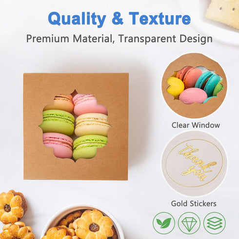 Shallive 4-Inch Small Cookie Boxes, 100 Pcs Brown Bakery Treat Boxes with Window for Gifting, To-go Containers