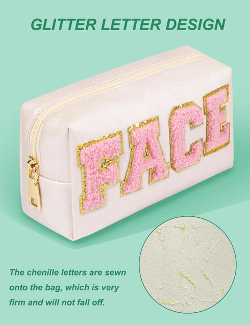 Preppy Makeup Bag, Synthetic Leather Cosmetic Bag with FACE Chenille Letter, Gift for Girlfriend, Wife, Daughter, or