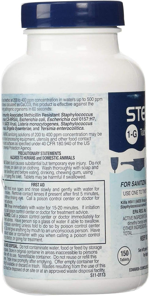 Steramine Quaternary Sanitizing Tablets, 150 Sanitizer Tablets per Bottle, 3 Bottles.