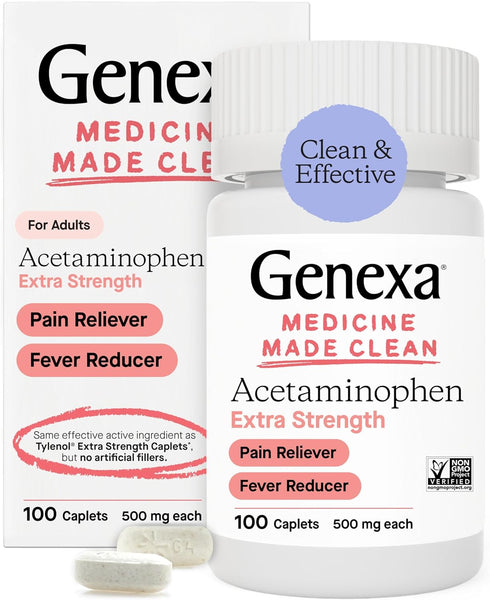 Genexa Acetaminophen 500mg Extra Strength Pain Reliever & Fever Reducer | 100 Caplets for Headache, Backache, Toothache