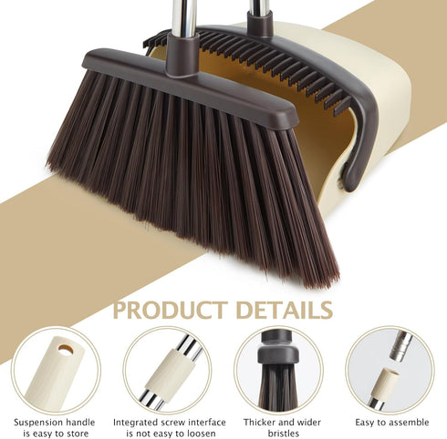 Broom and Dustpan Set, Heavy Dust Broom Combo for Home, Long Handle Dust Pan and Broom Set for Kitchen, Office, Beige
