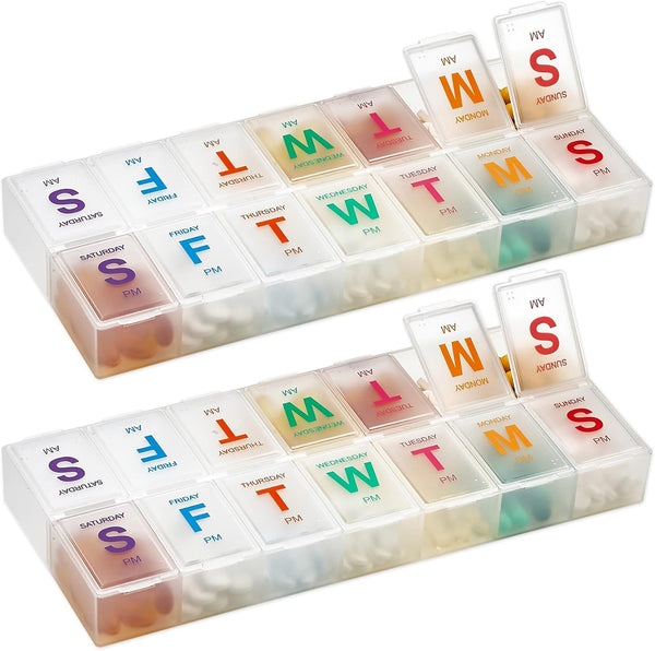 Large Weekly Pill Organizer, 2 Pack AM PM Pill Box for Medication, XL 7 Day Organizer with Braille