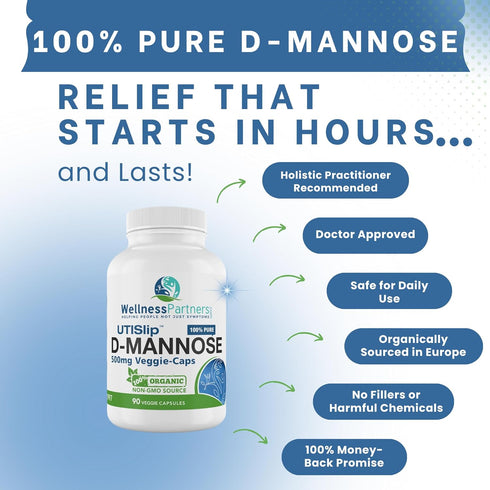 UTI Slip D-Mannose Non-GMO Organic Source Veggie Capsules, 90 Count (500 Mg)