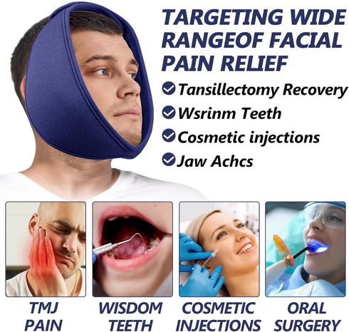 Wisdom Teeth Ice Pack Head Wrap, Blue Face Ice Pack for Oral Surgery Pain Relief with 4 Reusable Cold Therapy Gel Packs