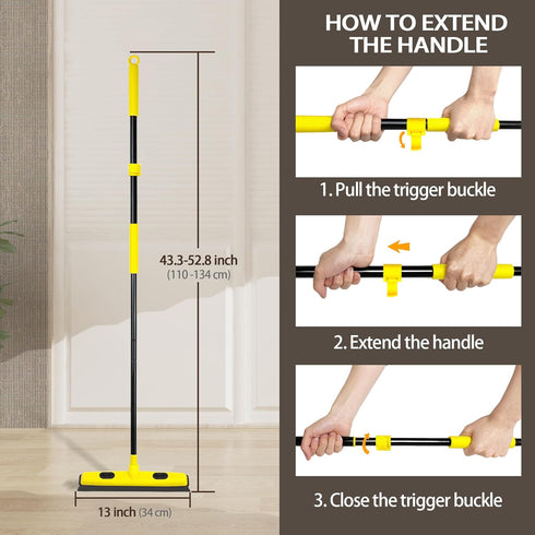 Rubber Broom with Squeegee, 52.8 inches Long Handle, Pet Hair Removal Tool, Portable Lint Brush for Carpet, Tile,