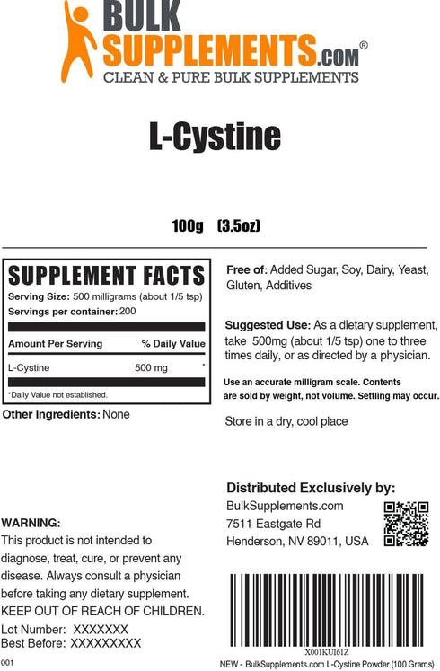 BulkSupplements.com L-Cystine Powder - Amino Acid Supplement for Immune Support, Antioxidants Source - Gluten Free - 500mg per Serving, 200 Servings (100 Grams - 3.5 oz)