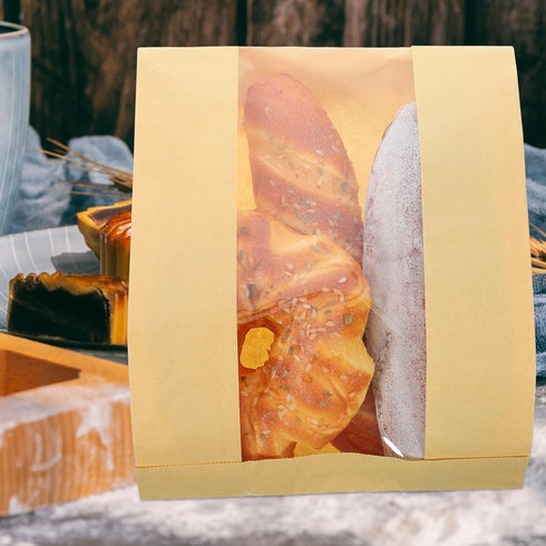 Packaging 100pcs GLEAVI Kraft Paper Bread Bags with Window, Oil-proof Toast Bags Large Yellow Baking Pastry Storage