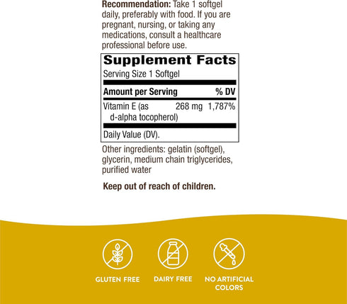 Nature’s Way Vitamin E D-Alpha Tocopherol, 268 mg per serving, Antioxidant, Essential Nutrient for Heart Muscle