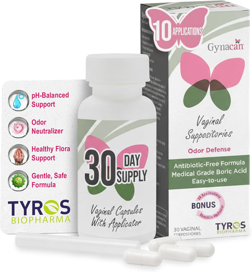 Gynacan Boric Acid Vaginal Suppositories Advanced Feminine pH Balance Support, Odor Control &