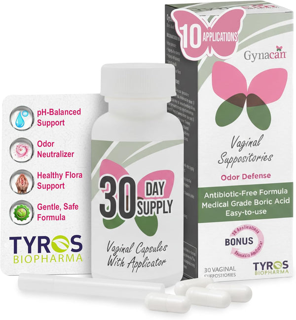 Gynacan Boric Acid Vaginal Suppositories Advanced Feminine pH Balance Support, Odor Control &