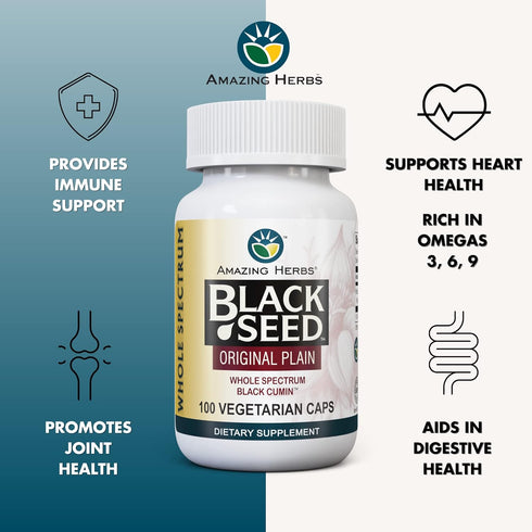 Amazing Herbs Whole Spectrum Black Seed Original Plain, 100 Count, Vegetarian Capsules, Gluten Free, Non-GMO