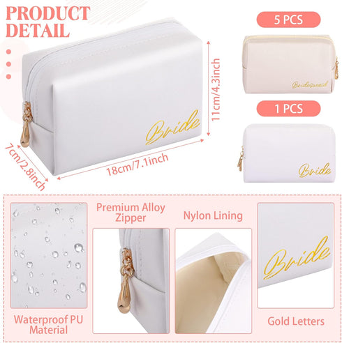 Hillban 6 Pcs Bride and Bridesmaid Cosmetic Bag, Waterproof Makeup Pouch for Bridal Shower, Wedding (White, Ivory White)