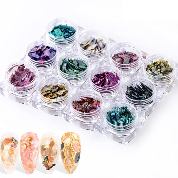 Nail Art Shell Slices, 12 Boxes Colorful Irregular 3D Abalone Slices for Nail Decoration