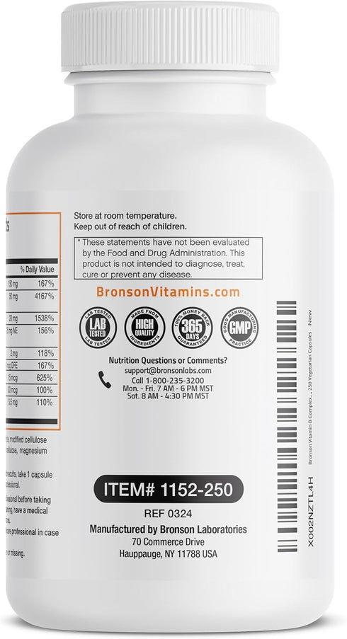 Bronson Vitamin B Complex with Vitamin C - Immune Health, Energy Support & Nervous System Support - Non-GMO, 250 Vegetarian Capsules
